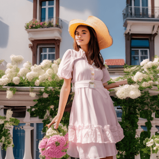 AI generated: A stylish woman in a large straw hat and a light pink dress, holding a bouquet of white flowers. She...