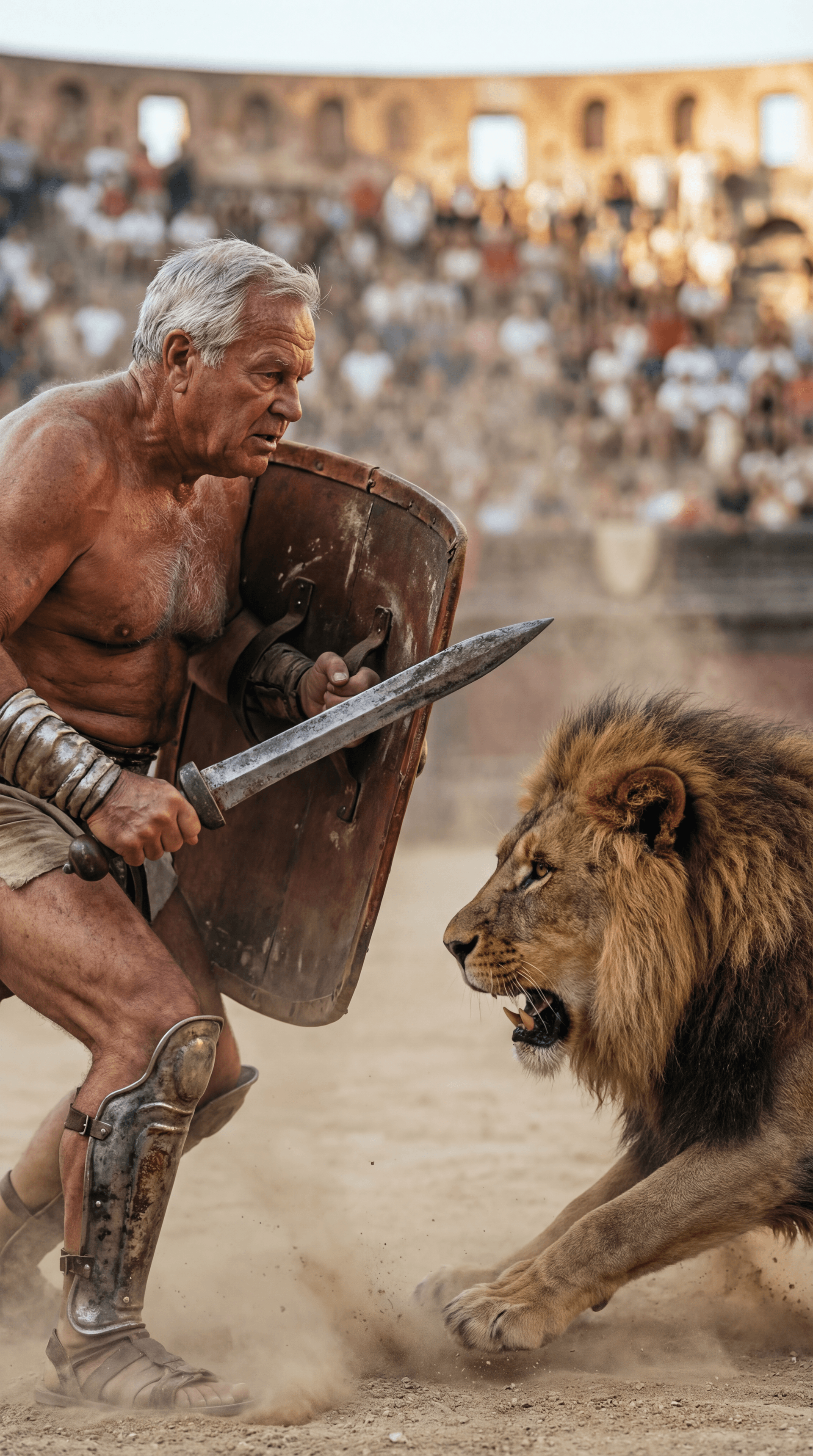 AI generated: Ultra-realistic documentary-style action photography inside the Roman Colosseum, bathed in warm gold...
