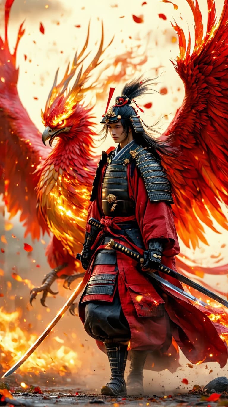 AI generated: An ultra-realistic, zoomed out, front facing, full-body portrait of a regal young Japanese samurai w...