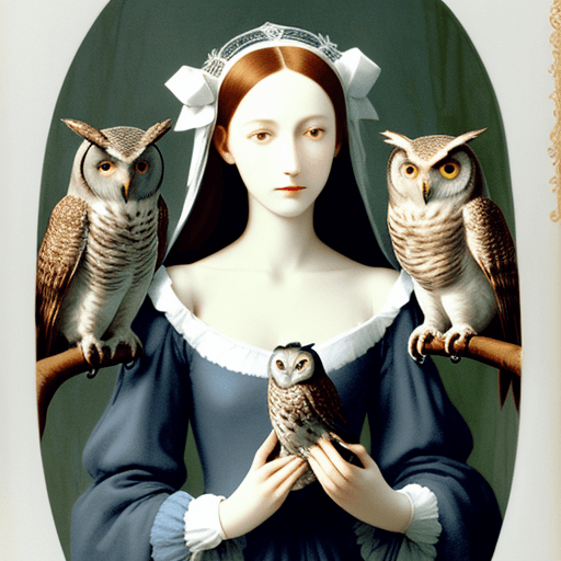 AI generated: images of woman with her owls, in the style of ethereal beauty, porcelain, dark white and light azur...