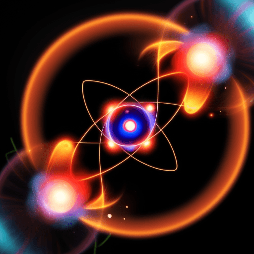 AI generated: An atom with its spins and particles shining