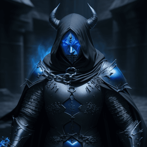 AI generated: chained demon in armor using dark magic, male, dressed in black and blue cloaks, blue energy ball as...