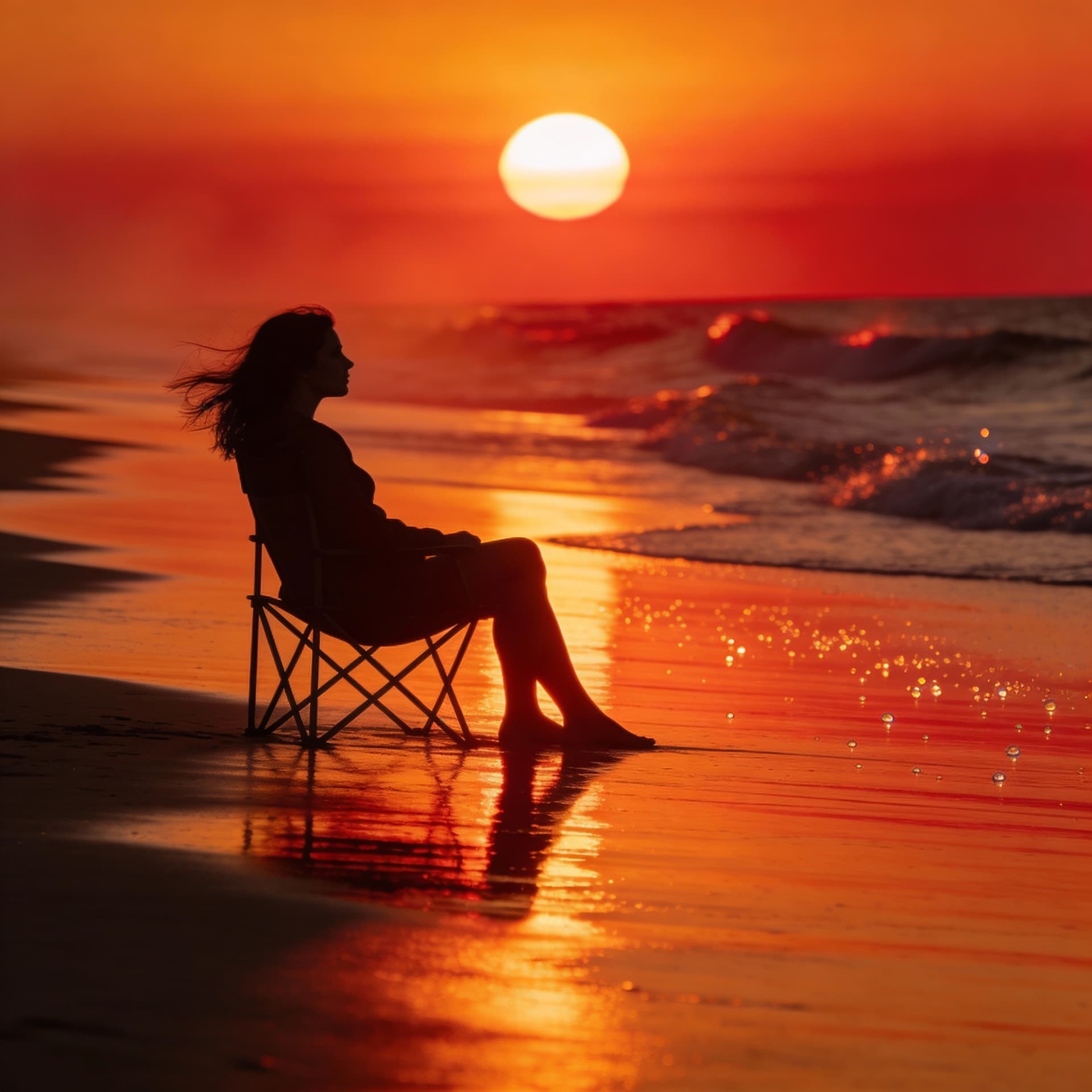 AI generated: cinematic seascape, warm color grading, long-lens compression, straight horizon, large sun near uppe...