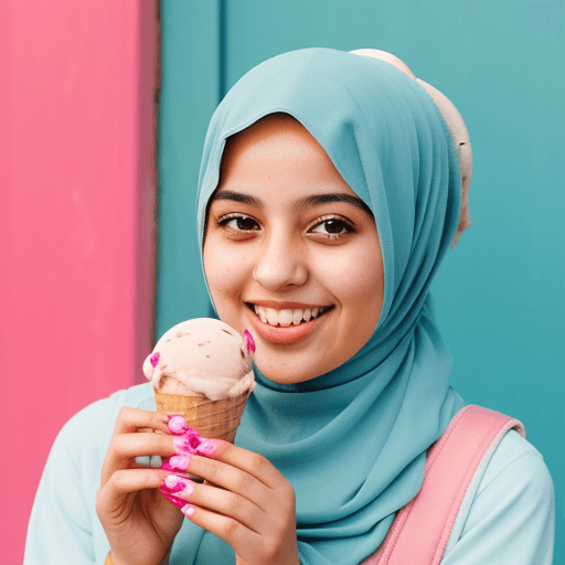 AI generated: Hijab girl with bright smile and hold an ice cream