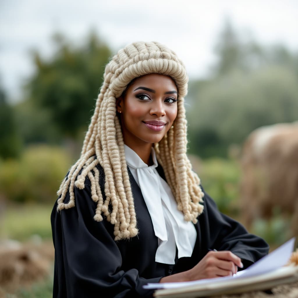 AI generated: A lawyer lady dressed in her legal wig and gown working in a rural environment