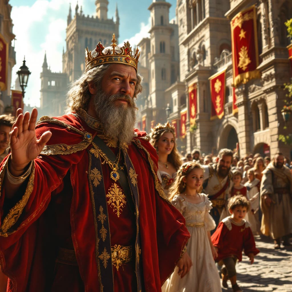 AI generated: Picture a grand procession unfolding in the heart of a sprawling kingdom, with the royal family maki...
