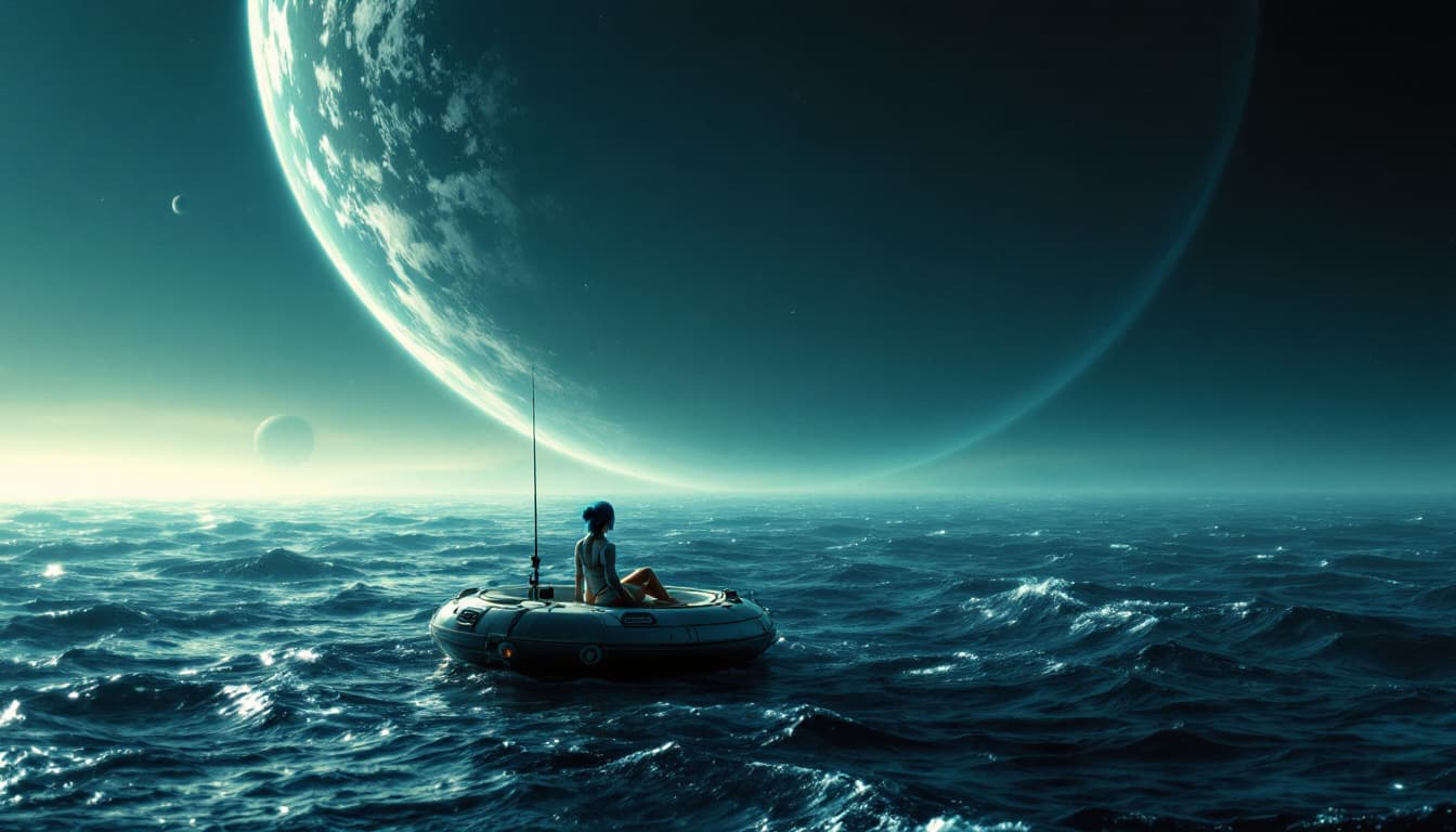 AI generated: hyperdetailed ,Amidst an endless expanse of dark, churning water, a big, solitary lifepod floats, A ...