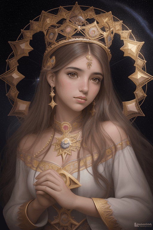 AI generated: Retrato de una mujer joven muy hermosa delante del mandala del amor, llevando una corona ornamentada...