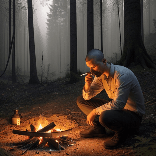 AI generated: A man is lighting a fire in the forest, he has a cigarette in his mouth and is smoking, the forest t...