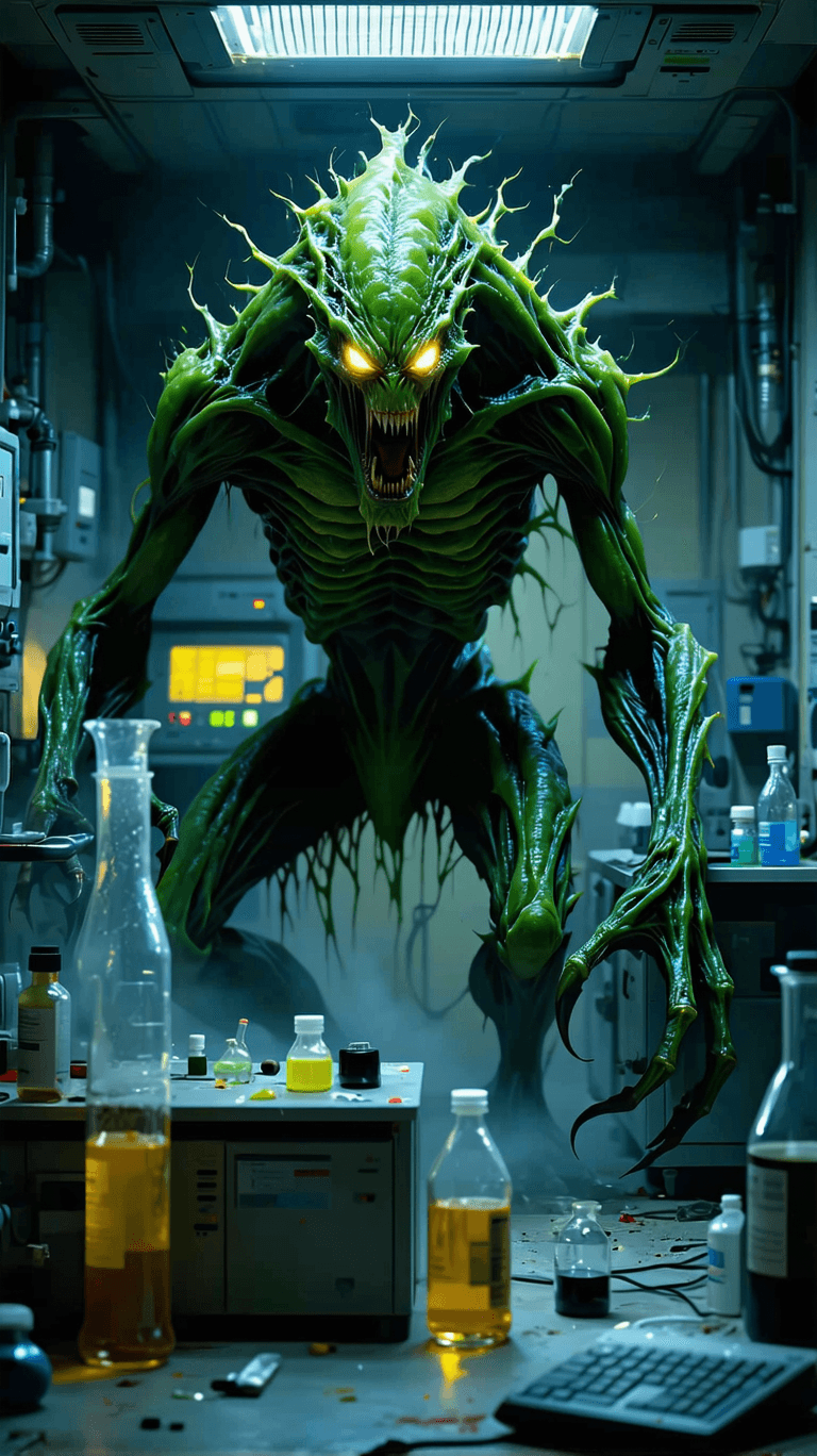 AI generated: terrifying full length shot of an intimidating radioactive atomic monster in a laboratory breaking e...