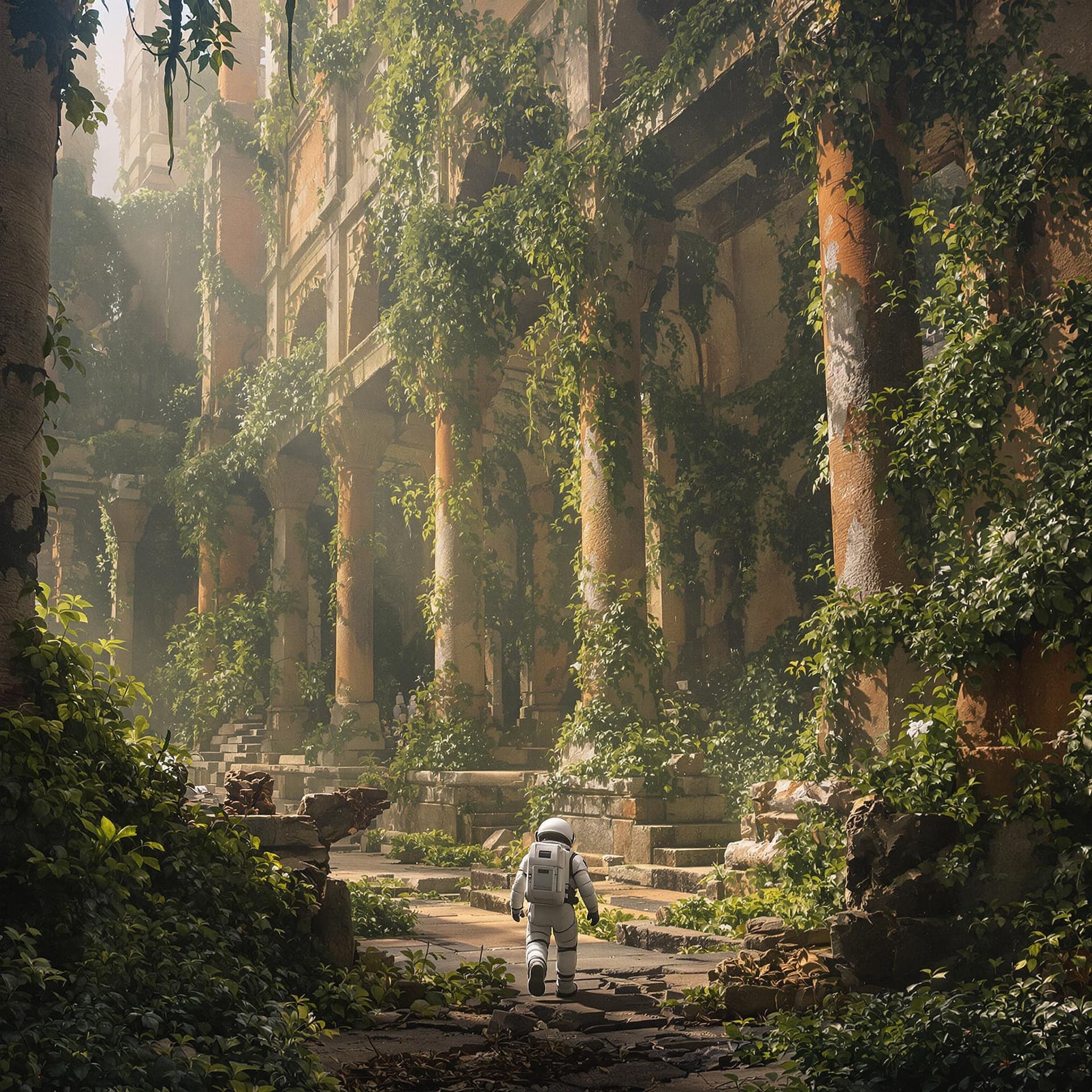 AI generated: An astronaut exploring ancient ruins, epic, cinematic, intricate, meticulously detailed, dramatic at...
