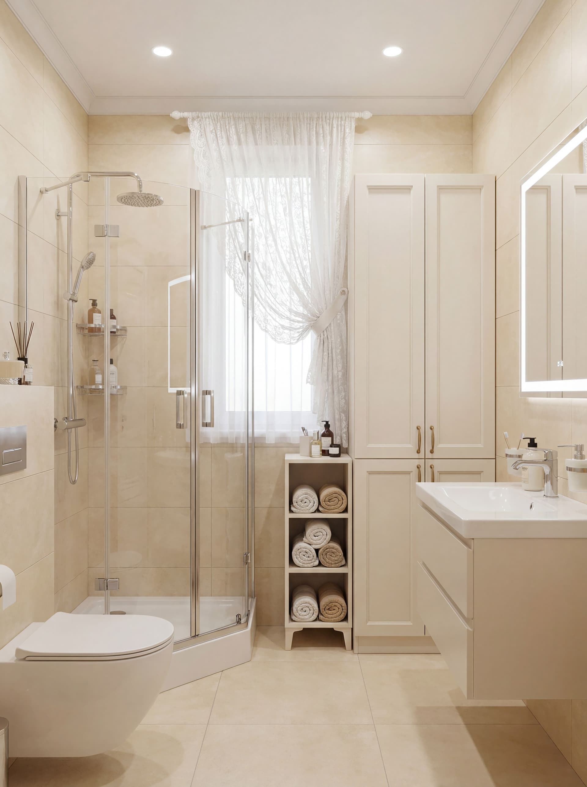 AI generated: Focus on the modern architecture colors with cream color. Small bathroom with a shower cabin. Romant...