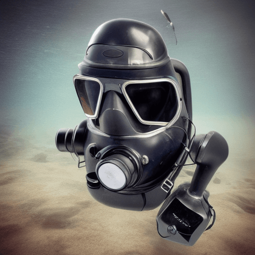 AI generated: underwater deep suit, steel linings, breathing filters on back, mask cover full face, gear emblem on...