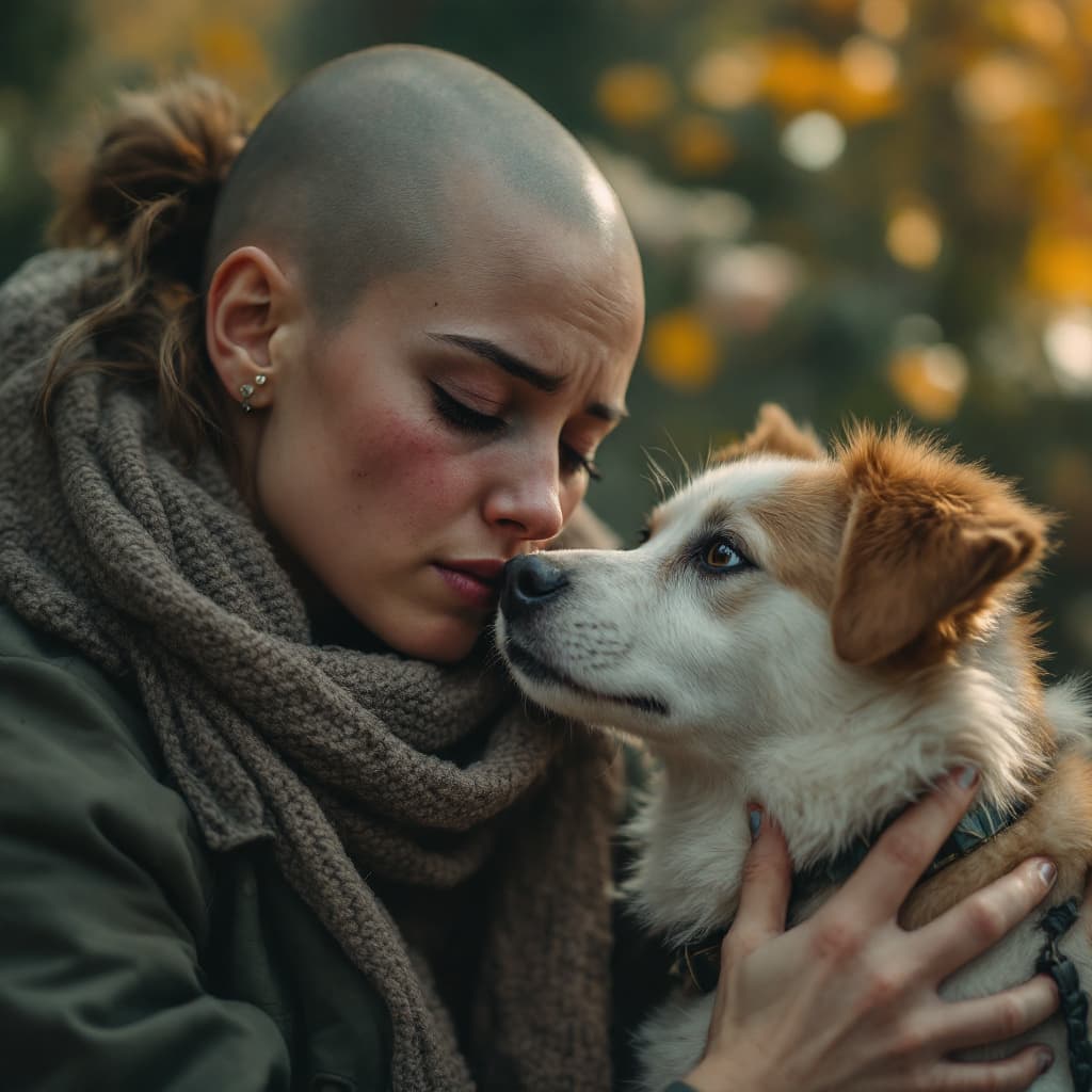 AI generated: A heartwarming scene of a sad teary eyed bald young woman   and a dog sharing a moment of companions...