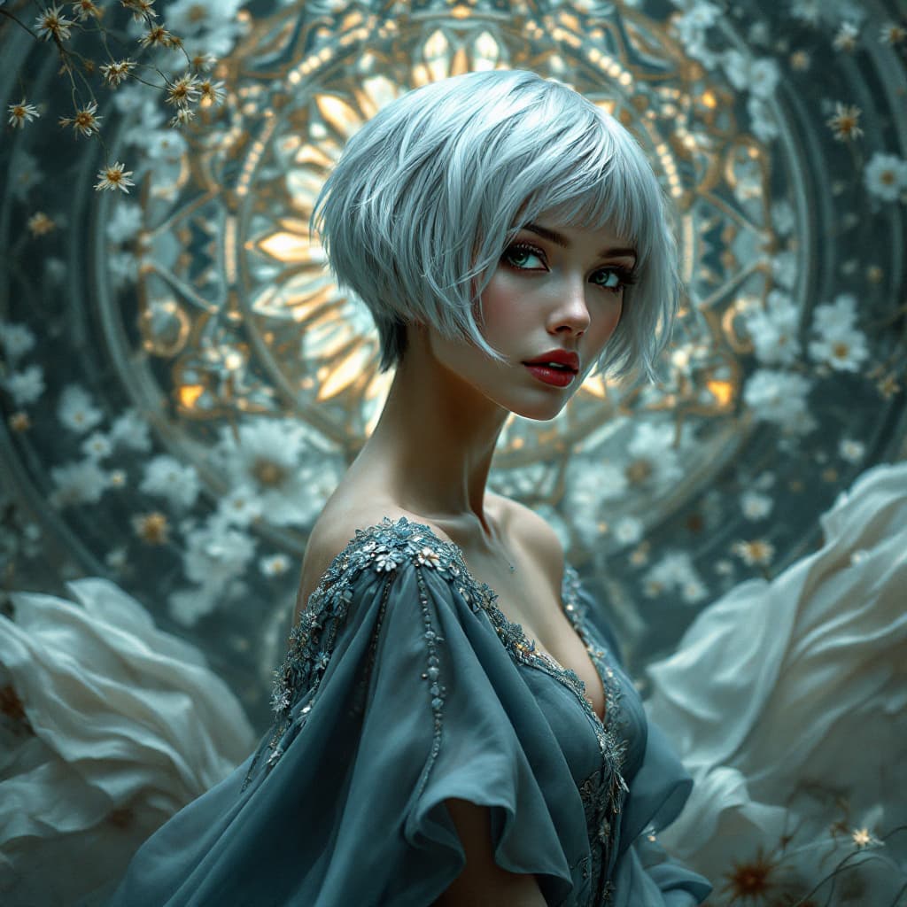 AI generated: A captivating portrait of a woman with short silver hair, in the style of Annie Leibovitz and Alphon...