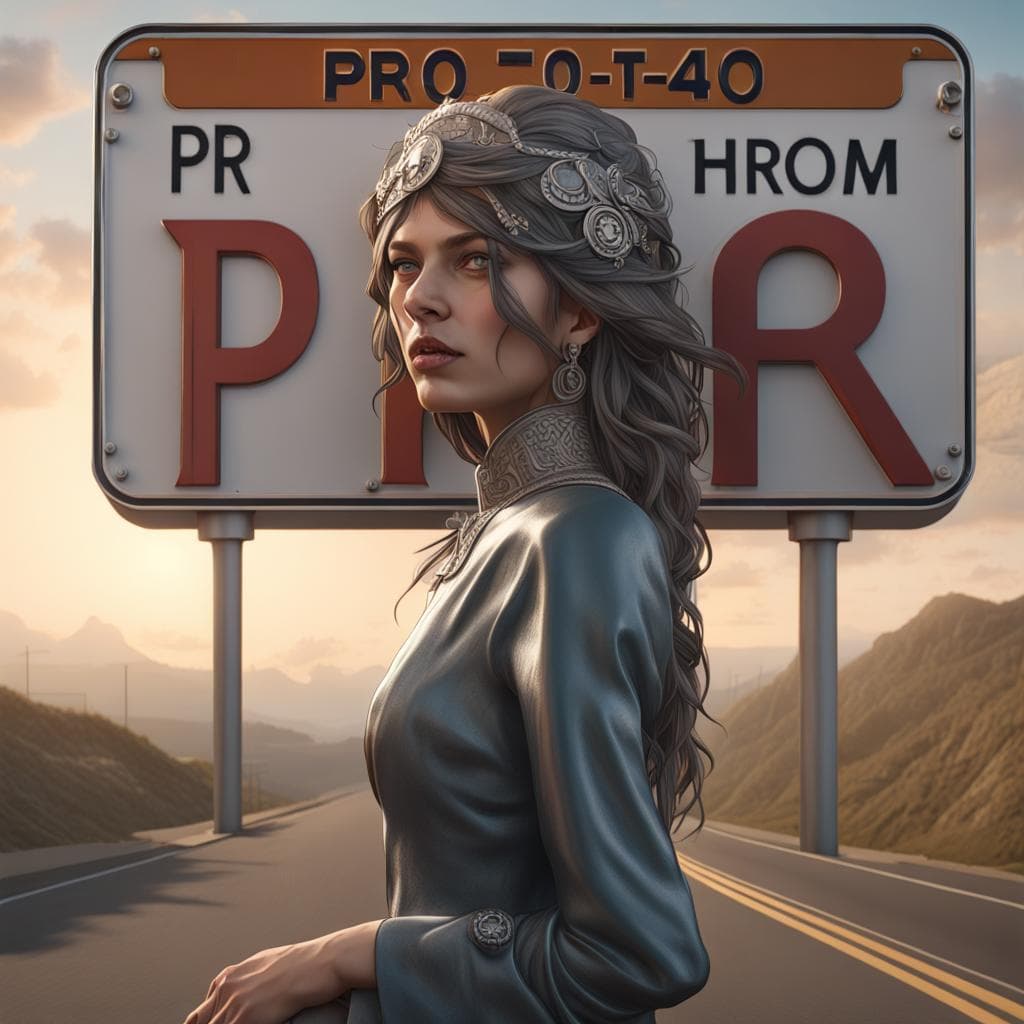 AI generated: The text letters ((P-R-O-M-P-T-H-E-R-O)) as a highway sign near an exit, highly detailed, intricate,...