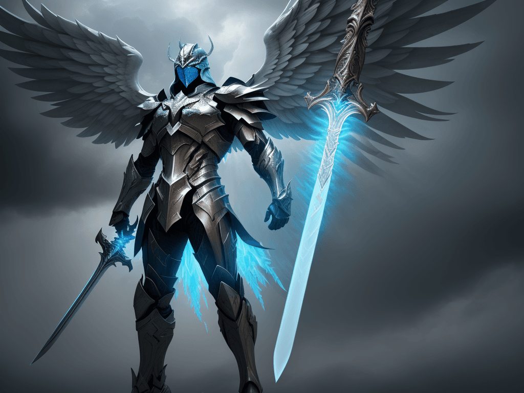 AI generated: The archangel Tyrael standing in the clouds ready to battle demons. Glowing wings. Raised sword. ful...