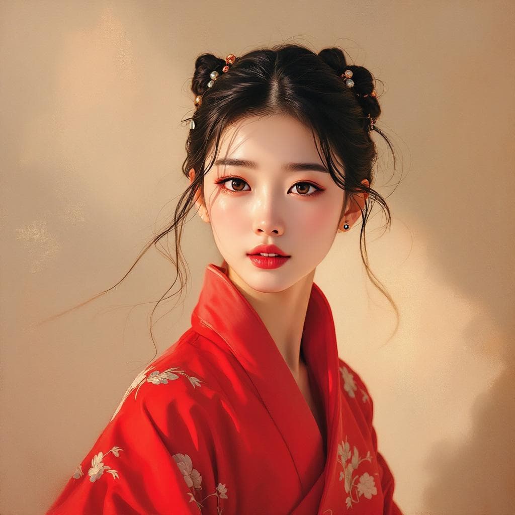 AI generated: “Oil painting on canvas, young Korean woman wearing a vibrant red hanbok, facing the camera directly...