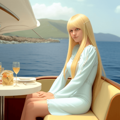 AI generated: Candid photo Blonde 30 years old with long hair and long bangs. Dressed in a summer dress in a sea s...