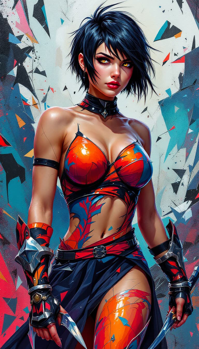 AI generated: "Chromatic Duelist in a Fractured Arena": A dynamic abstract painting captures a duelist, exuding bo...