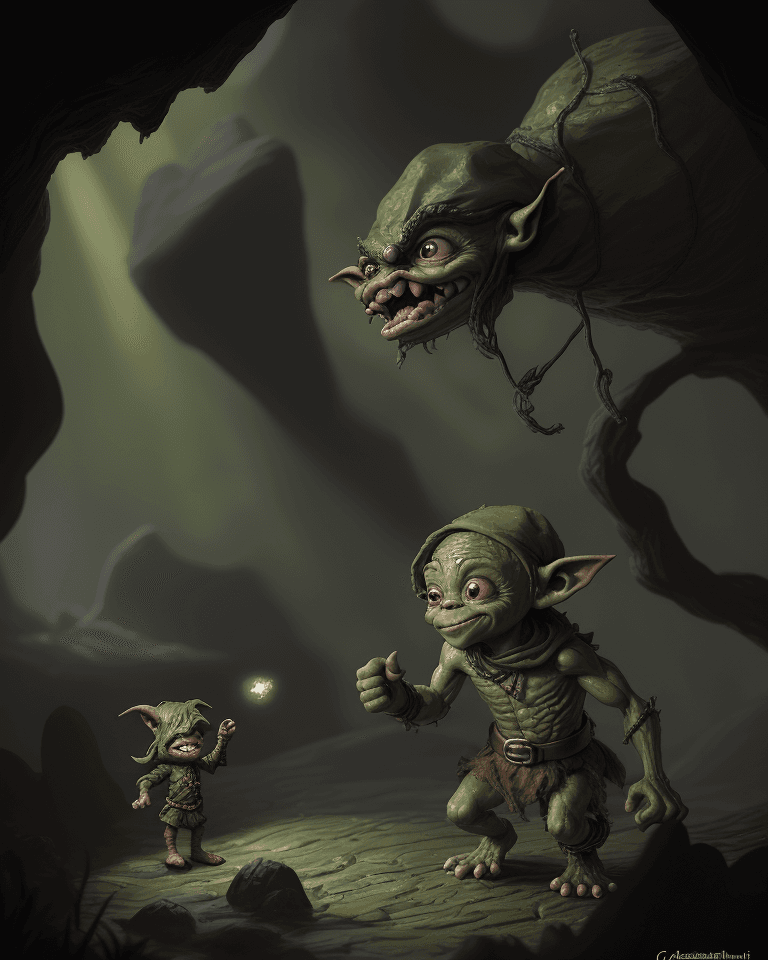 AI generated: a diminutive olive-green-skin goblin emerging from the shadows of a long cave, wiry arms and taloned...