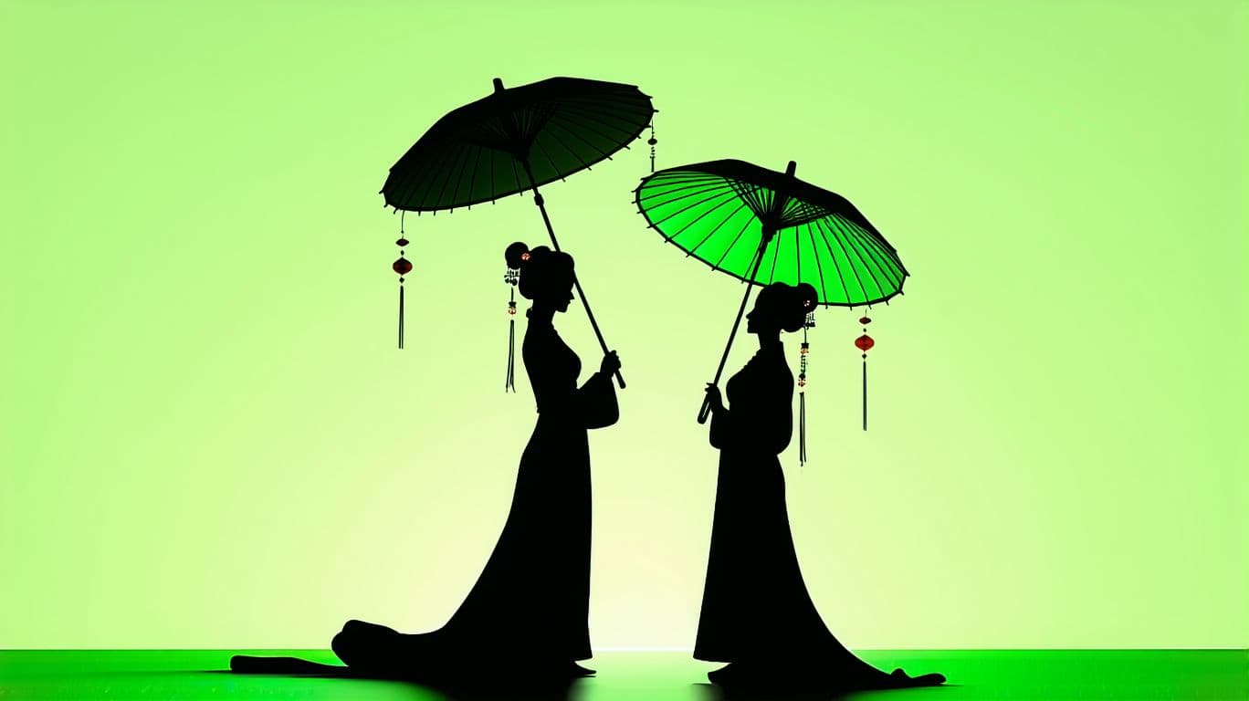 AI generated: ew Chinese minimalist illustration, Chinese style, glowing, fluorescent green, elegant women holding...