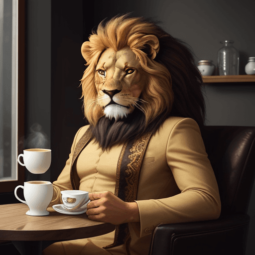 AI generated: a lion man that have a cup of caffee in his hand
