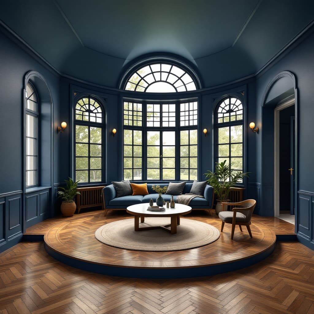 AI generated: High resolution photography interior design, circular room, 13 foot diameter, craftsmen style window...