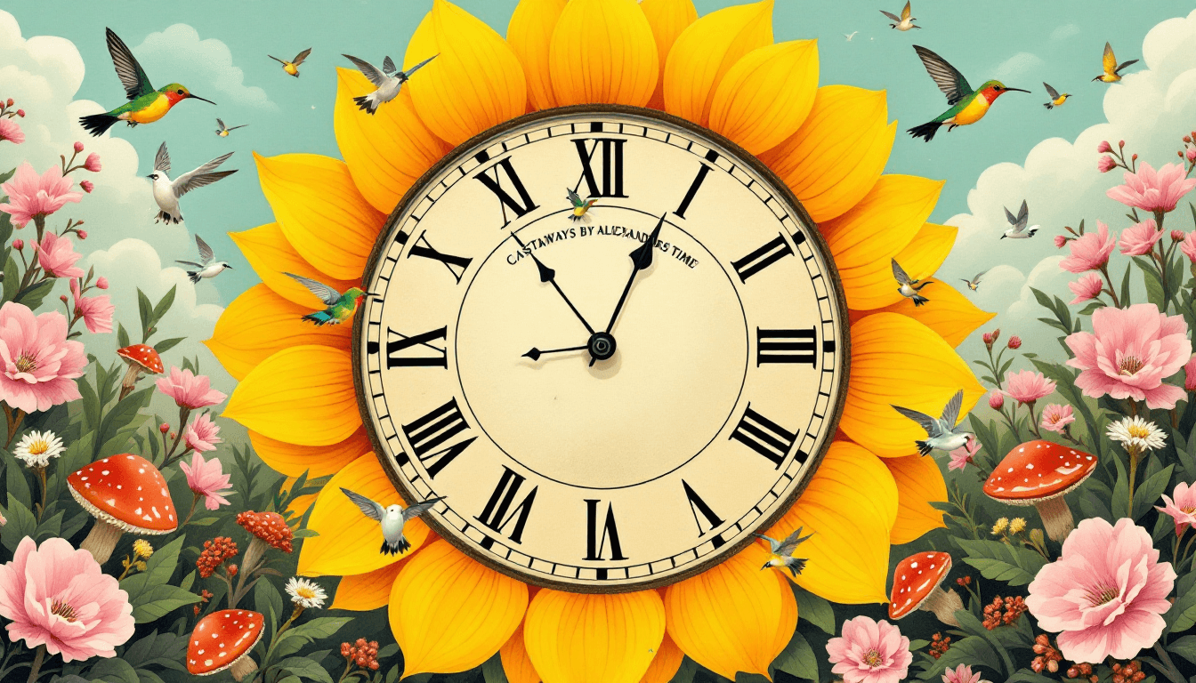 AI generated: Large, vibrant sunflower-shaped clock face; antique style clock; Roman numeral hour markers; light b...