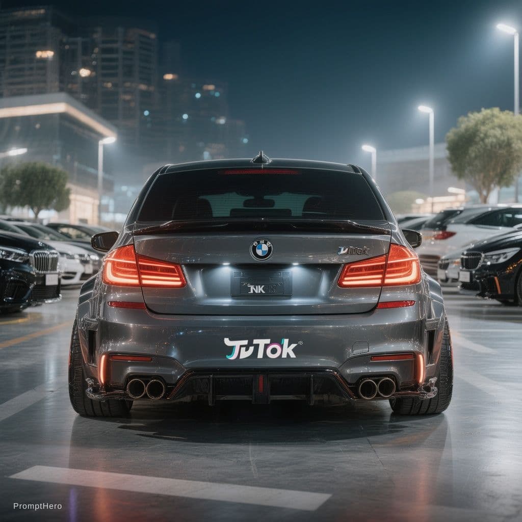 AI generated: “Dark grey modified BMW rear view, glowing rim lights, parked in Islamabad high luxury parking area ...