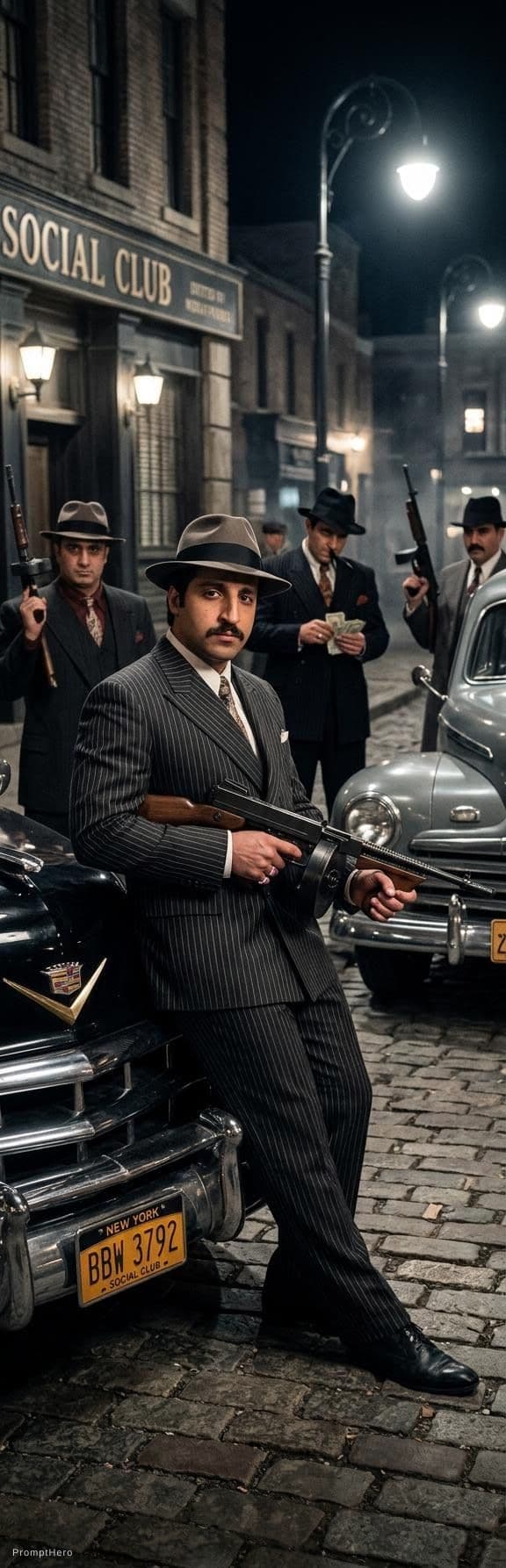AI generated: Mafia members, 8k, guns, cars, old style, mobs, sicilian, italian, new york