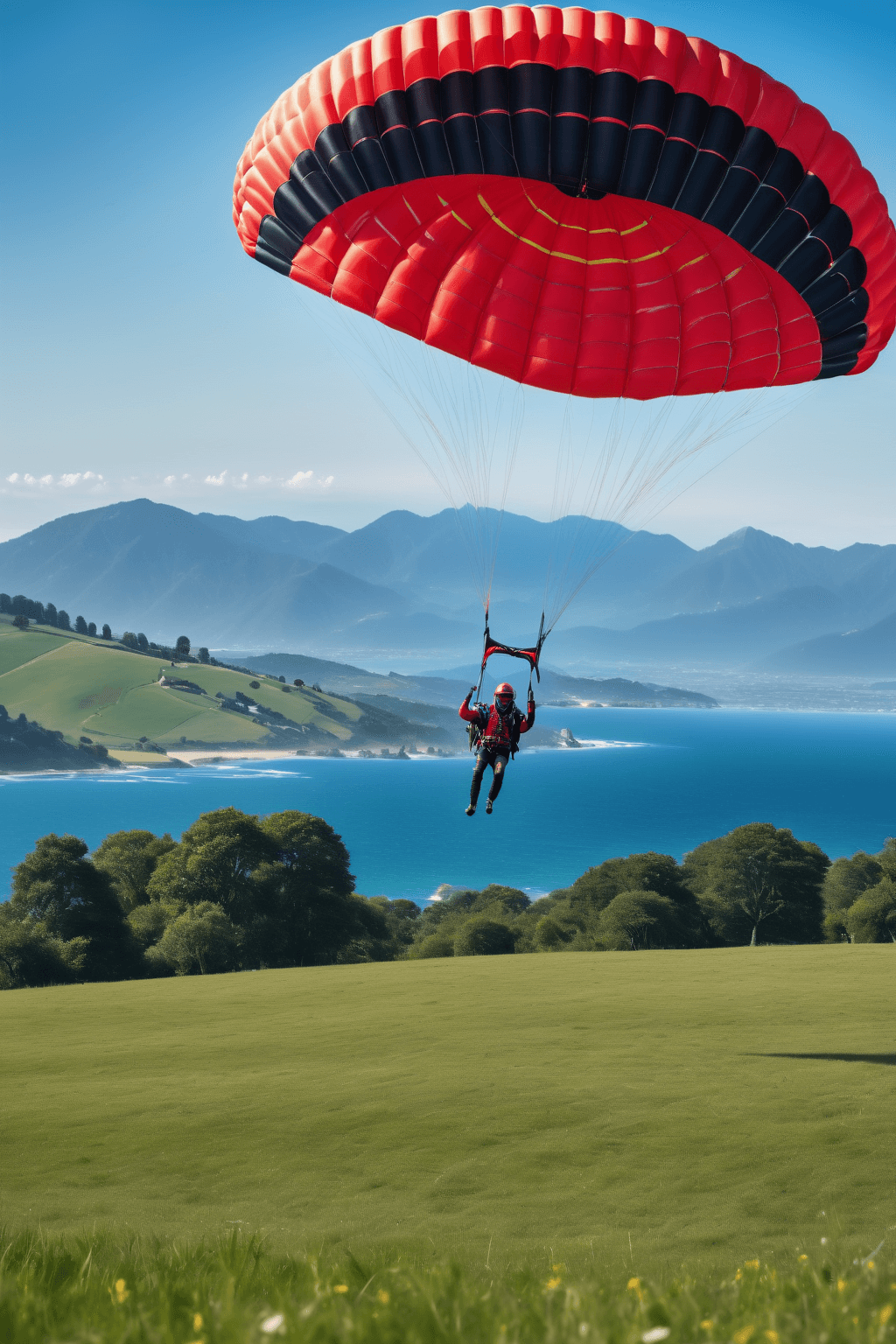 AI generated: photo, crisp details, sharp focus, precise clarity, 8k, UHD, wide angle shot, mythsxl, a paraglider ...