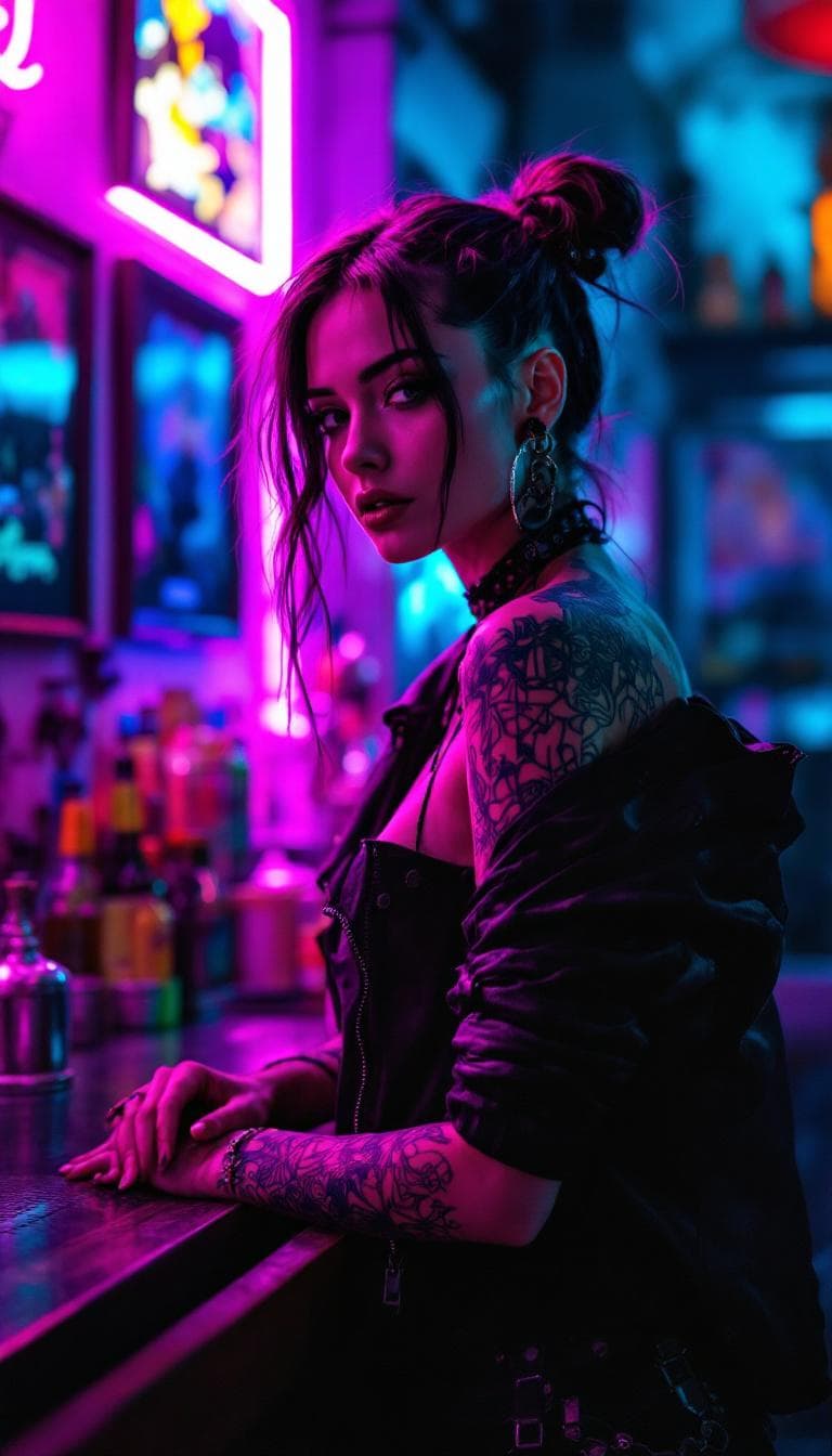 AI generated: a bold and edgy portrait of a young punk woman working in a vibrant, neon-lit bar. The woman exudes ...