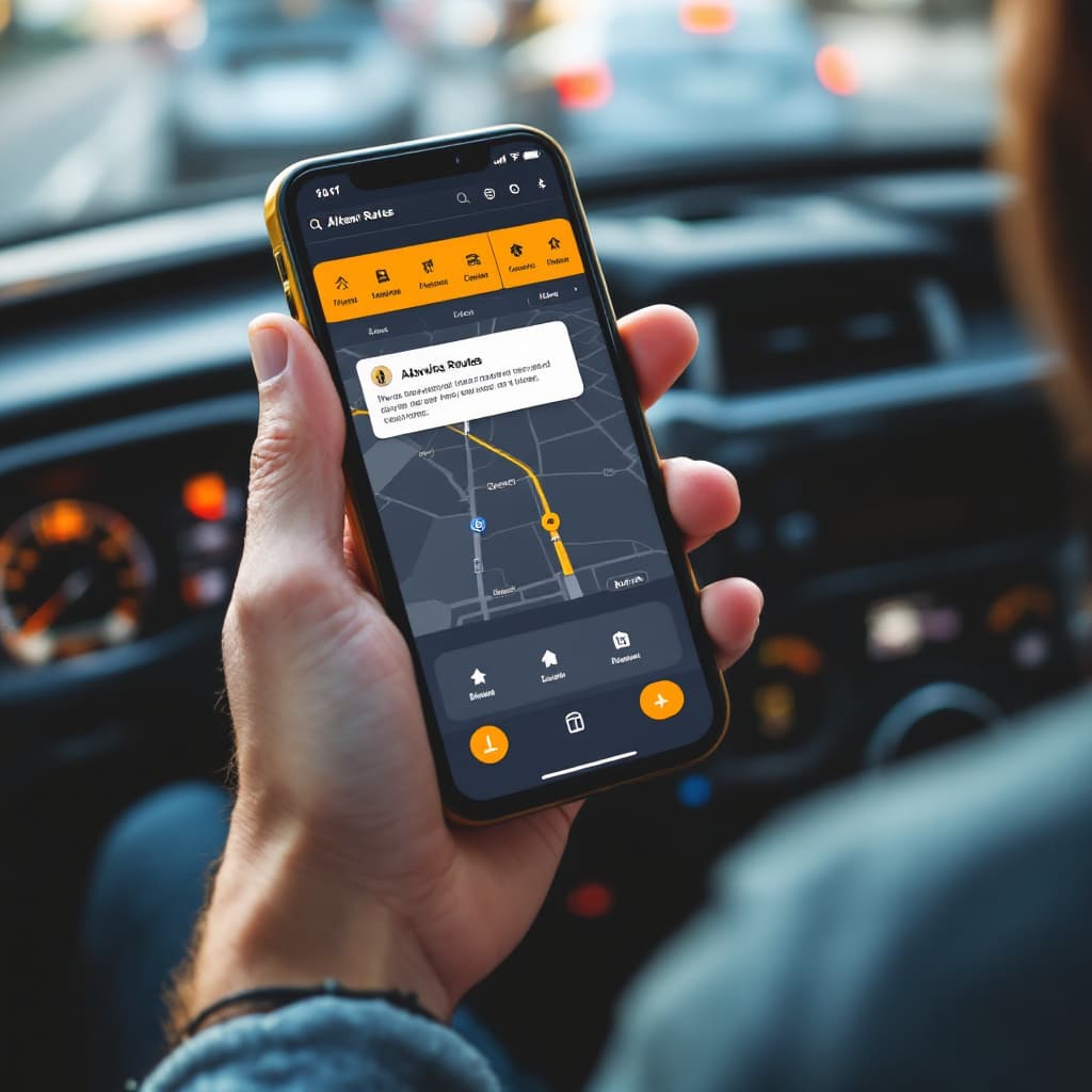 AI generated: Driver scrolling through an app for alternative routes

