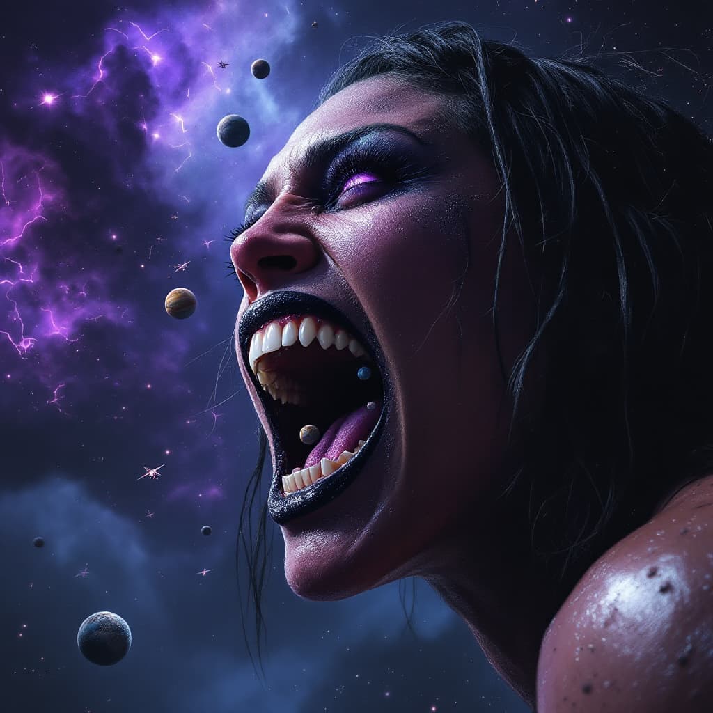 AI generated: enormous giantess Rhea Ripley  from WWE
bigger than a galaxy floating in space, minuscule planets in...