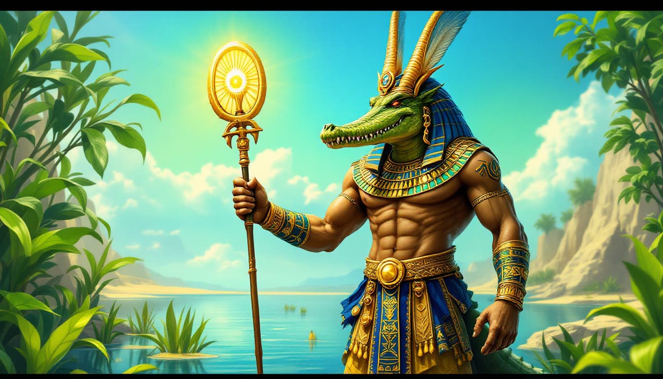 AI generated: Depict Sobek, the ancient Egyptian crocodile god, in a vibrant and majestic setting. Show him with t...