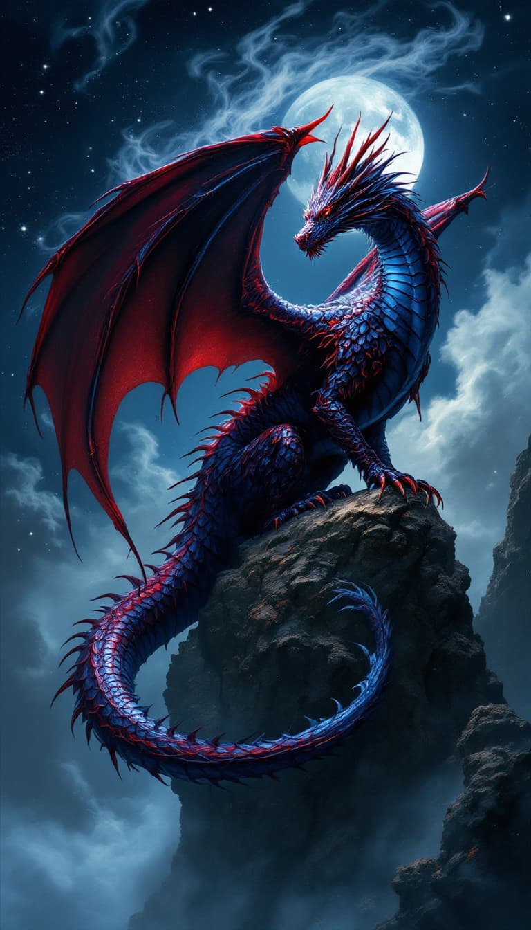 AI generated: "A majestic dragon rendered in rich burgundy and deep blue, its feathers shimmering like an opal und...