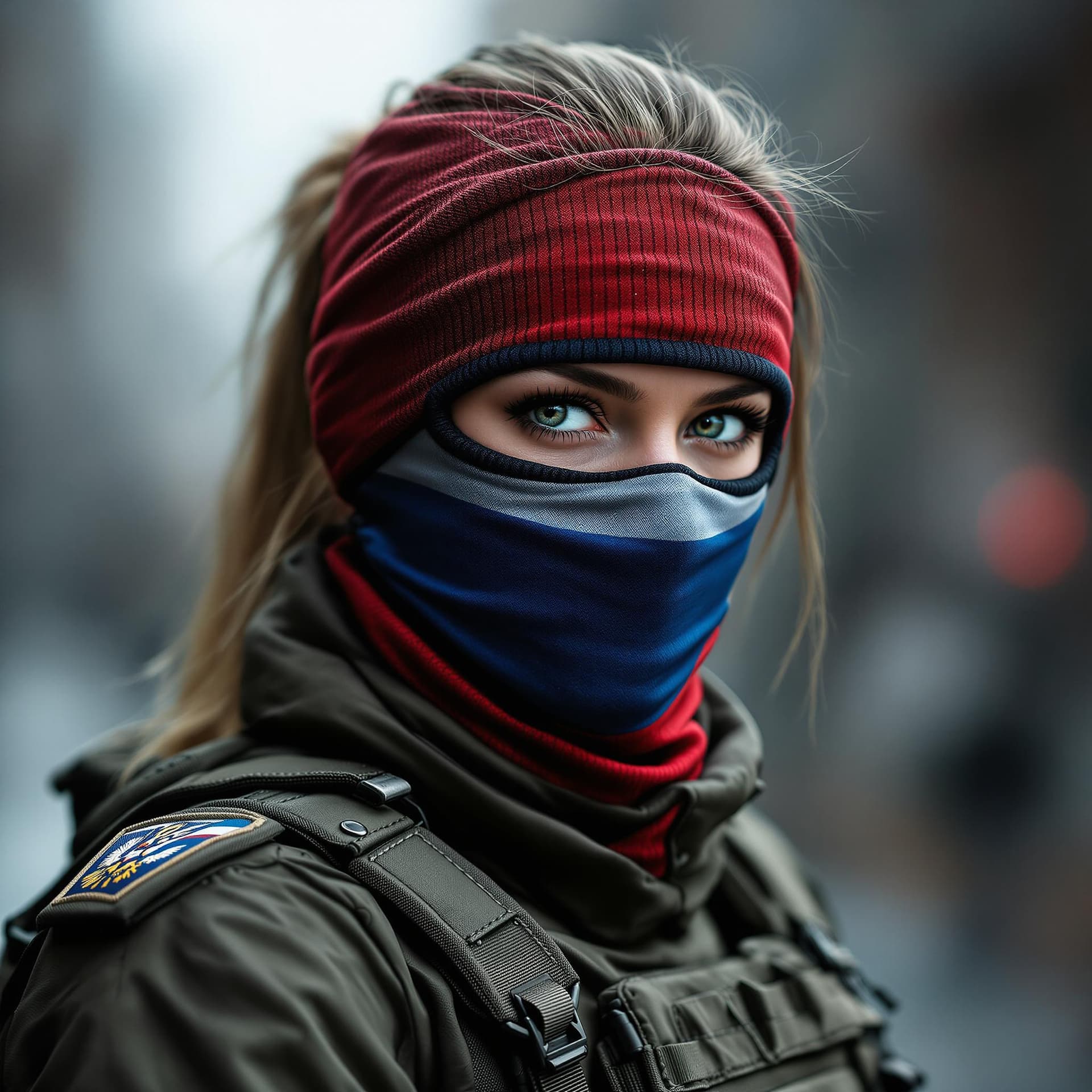 AI generated: Create a striking portrait of a female soldier wearing a tactical mask. The mask is designed with a ...