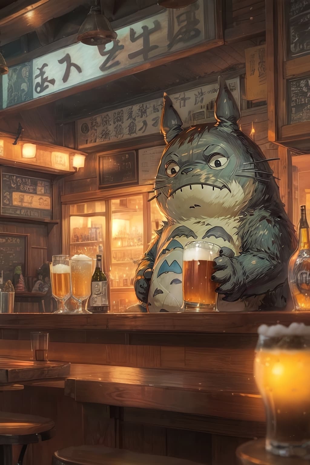 AI generated: a drunk totoro with a beer at a bar, cinematic lighting, photorealism art by studio ghibli