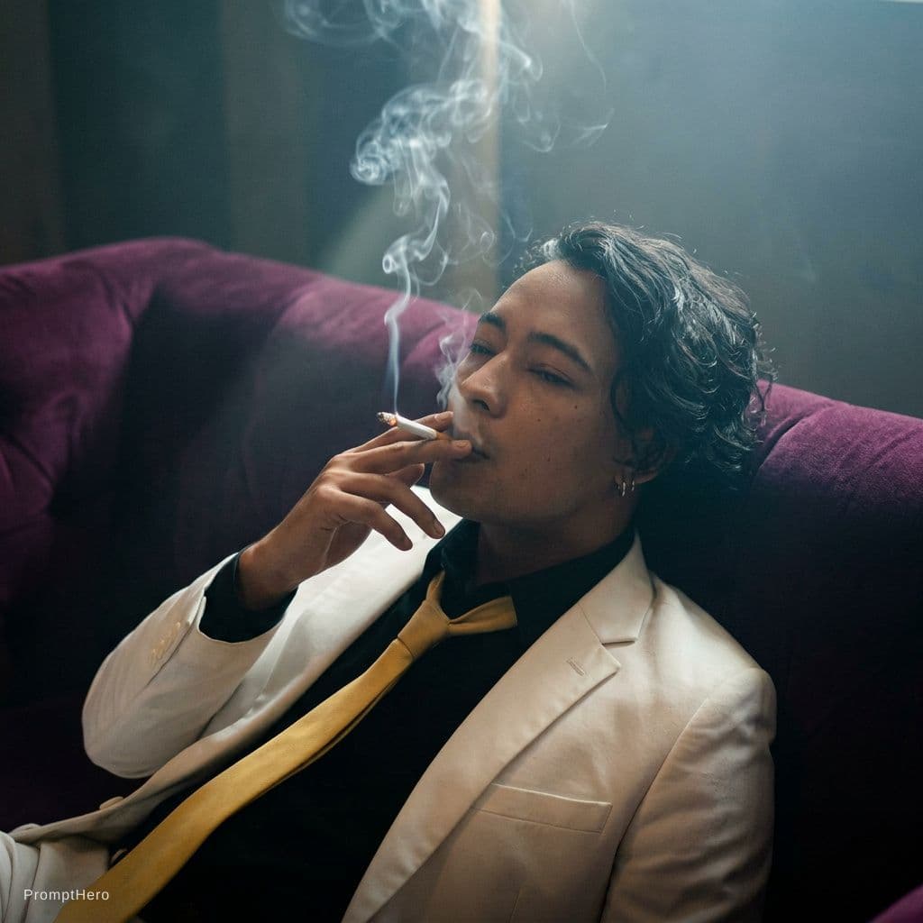 AI generated: snapshot, dimly lit room with a hazy atmosphere, capturing a Male model lounging on a deep purple co...