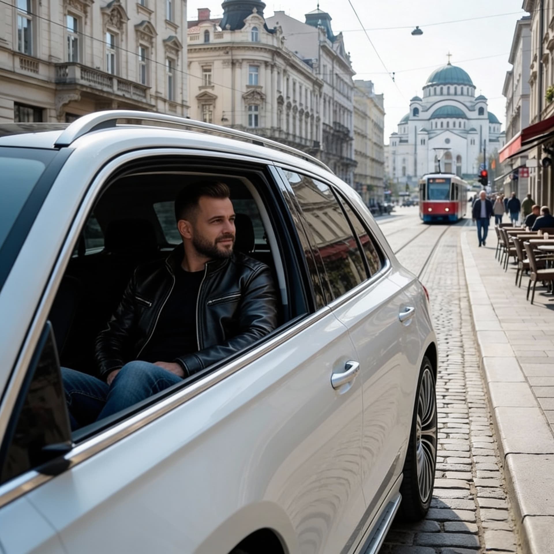 AI generated: A man sits alone in this car in the position of looking out the open window