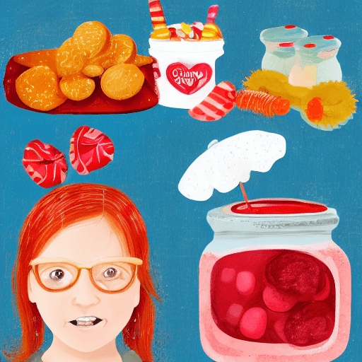 AI generated: Naturalistic collage illustration of a 5-year-old red haired girl at a candy shop in London with an ...