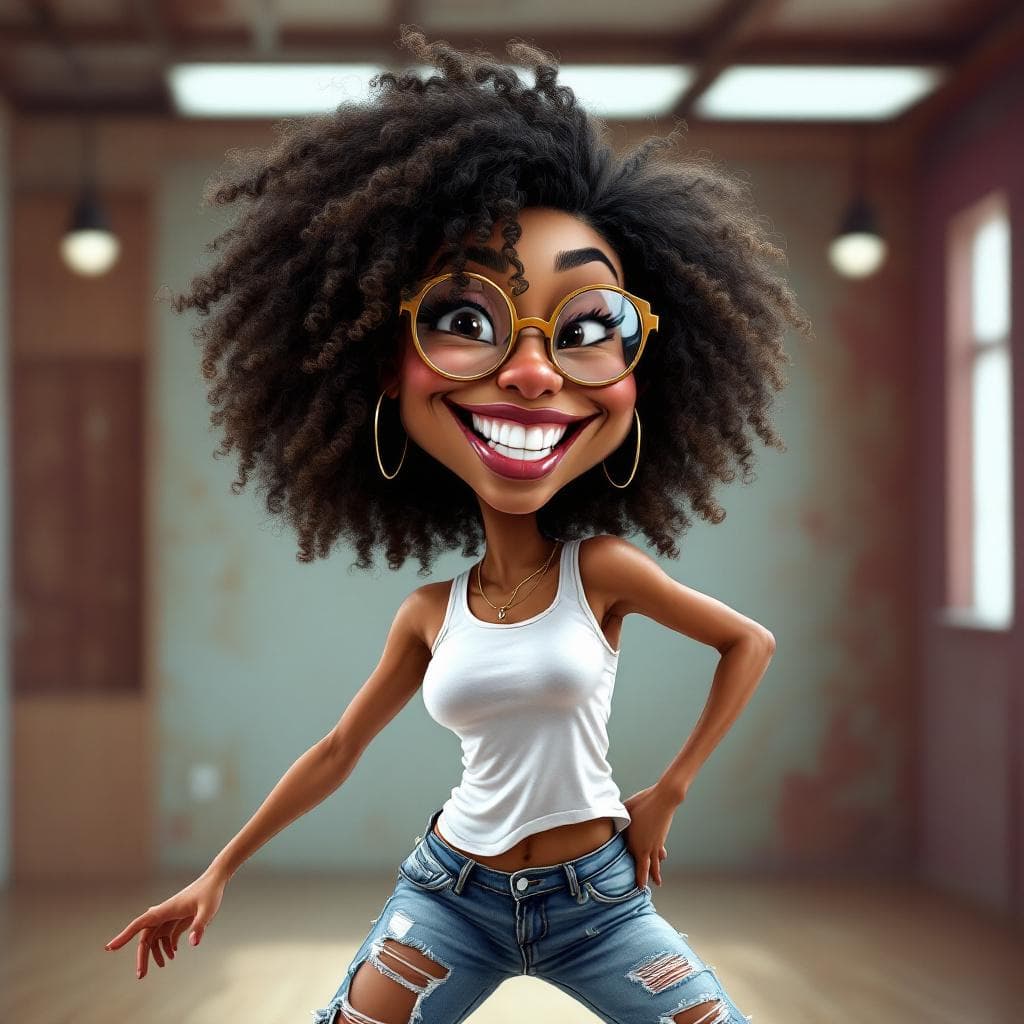 AI generated: funny caricature, hip-hop dancer caricature, young african-american female, 20 years old, big curly ...