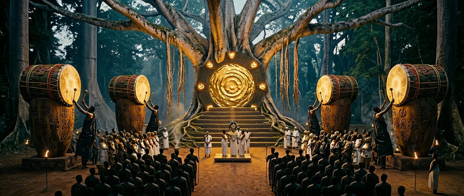 AI generated: ### Image Analysis

This image is a **cinematic Afro-futurist sacred ceremony** set in an ancient fo...