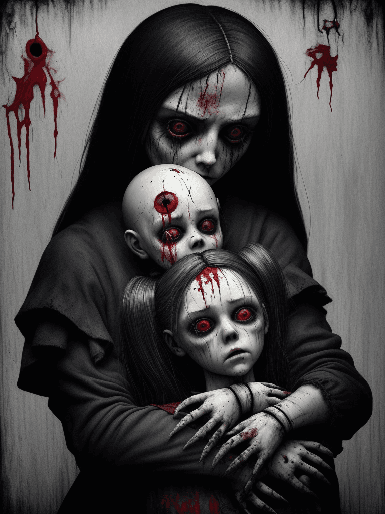 AI generated: make an painted portrait of a brutal scary doll and a REAL man hugging the doll with blood over them...