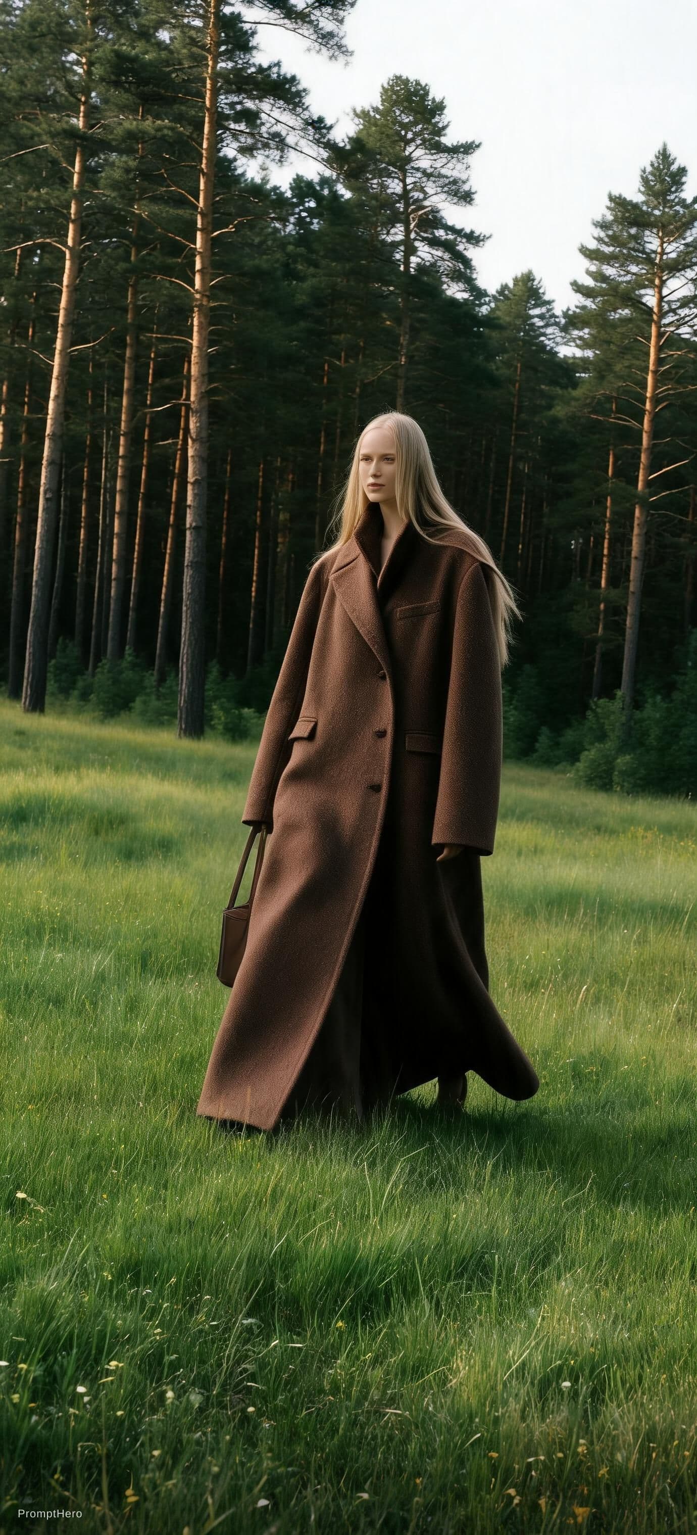 AI generated: a woman walking through a lush green field, vogue fashion photo, brown tuffle coat, beautiful swedis...