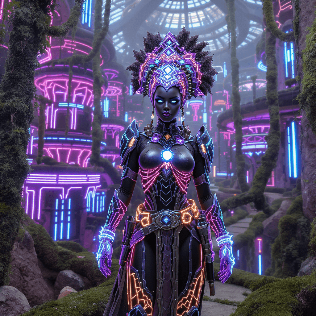 AI generated: vibranium utility belt, moss pathways”: “Ceremonial Elite Afrofuturist warrior queen in a vibranium ...