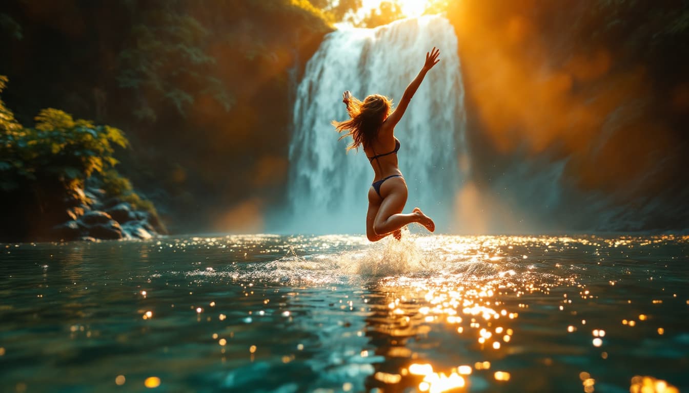 AI generated: young lady  jumps joyfully into the shimmering water at sunset, golden rays illuminating her figure,...
