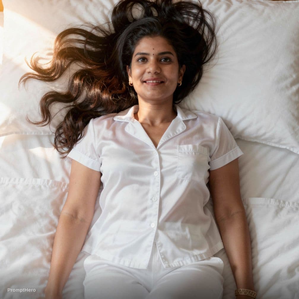 AI generated: Create a high-resolution photograph of a fit adult woman lying on her back in a bed covered with pri...
