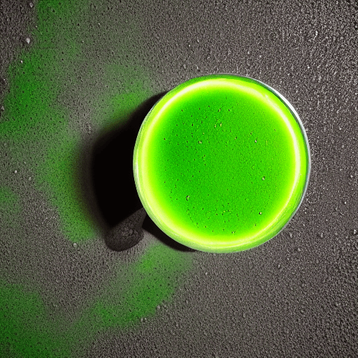 AI generated: a glowing  cup of  green juice left in a sun closed image left in a lunar crater, product photograph...